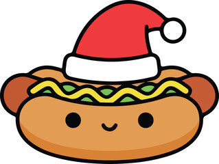 Cute Cartoon Hot Dog Wearing a Santa Hat, Adorable Festive Wiener Character with Mustard and Ketchup for Holiday Celebrations.
