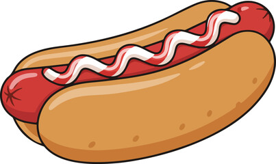 Classic cartoon hot dog illustration with red sausage in a bun, topped with zigzagging red ketchup and white mayonnaise, a popular fast food snack