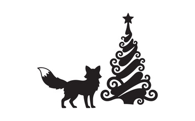 Minimalist Black Fox and Stylized Christmas Tree Silhouette in Winter Snow, Holiday Woodland Animal Illustration
