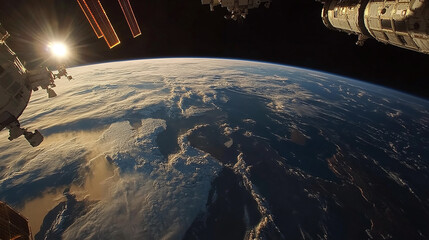 A wide-angle shot of Earth from the International Space Station, showing the curvature of the planet as the sun rises, illuminating the clouds and oceans below with warm light