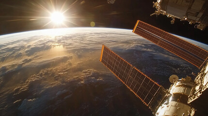 A wide-angle shot of Earth from the International Space Station, showing the curvature of the planet as the sun rises, illuminating the clouds and oceans below with warm light