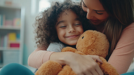 A young child hugging a soft therapy animal as they engage in play therapy, with a warm and supportive therapist beside them, in a room designed for emotional comfort