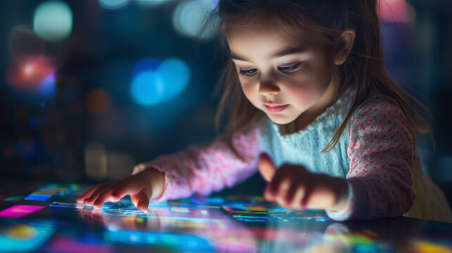 A young child interacting with an interactive touchscreen device, learning through an augmented reality educational app, surrounded by colorful digital interfaces