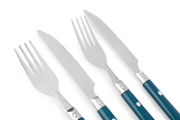 Stainless steel forks and knives with blue handles on white background