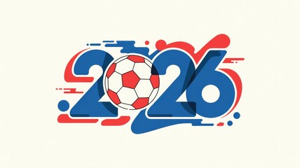 Fototapeta premium Dynamic 2026 graphic featuring a classic soccer ball and bold red and blue abstract elements celebrating sports