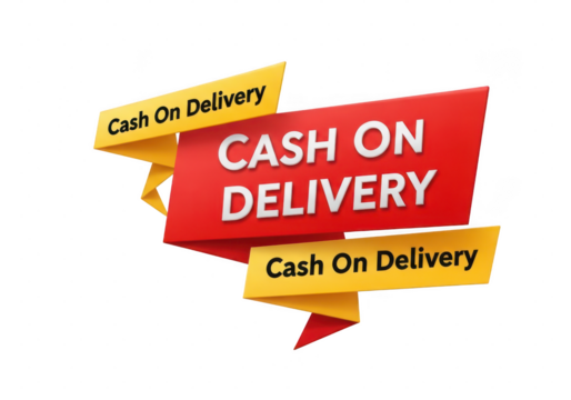 Cash on delivery banner for online shopping. Cash on delivery banner with red and yellow ribbon graphics isolated on transparent background - Powered by Adobe