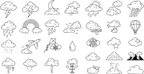 Weather Icon Set: Hand-Drawn Line Art Illustrations of Weather Conditions (Rain, Sun, Wind, Storm, Clouds, etc.)