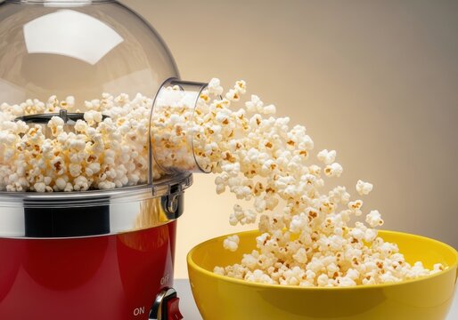 Home popcorn maker actively dispensing freshly popped kernels into a bright yellow bowl