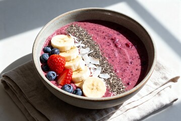 Healthy smoothie bowl with fruits and seeds, ideal for wellness blogs, vegan lifestyle, nutrition visuals and colorful food photography.