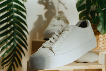 One sneaker stands on a wooden shelf in a home store.