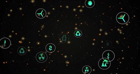 On start teal energy icons drifting over dark starfield clustering then spreading to show concepts
