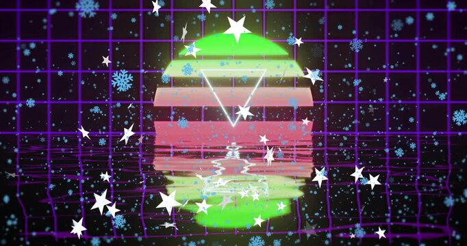 Glowing neon sun pulsing sending stars and speckles warping grid rippling mirror evoking synthwave