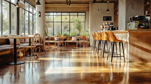 An epoxy floor in a cozy coffee shop, featuring earthy tones and a polished finish, with wooden furniture and cozy seating arrangements creating a warm atmosphere