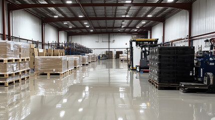 An industrial warehouse with a durable, high-gloss epoxy floor, with pallets and machinery lined up neatly, showcasing the practical and tough nature of the floor