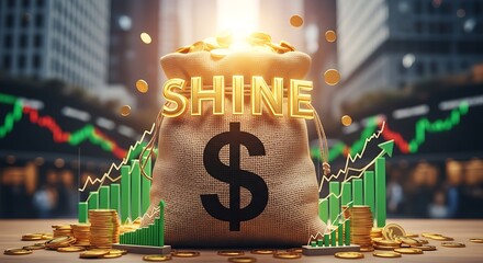 money bag filled with golden currency symbols against rising financial chart background.