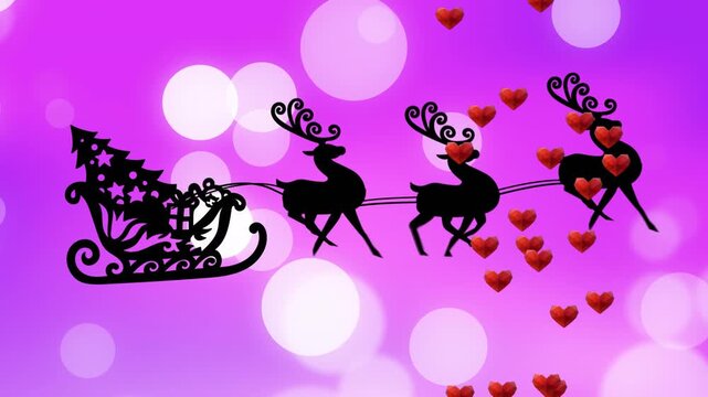 On frame two red hearts appearing and cascading while sleigh with reindeer running, celebrating