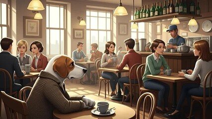 A cozy cafe scene featuring a thoughtful dog in attire among patrons.
