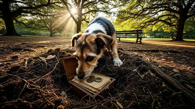 A curious dog discovers a hidden treasure in a sunlit park.