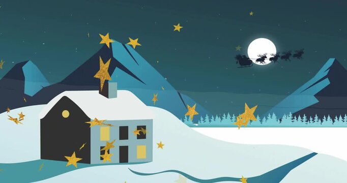 Golden stars drifting from top-left, sleigh passing moon, house glowing, creating festive mood