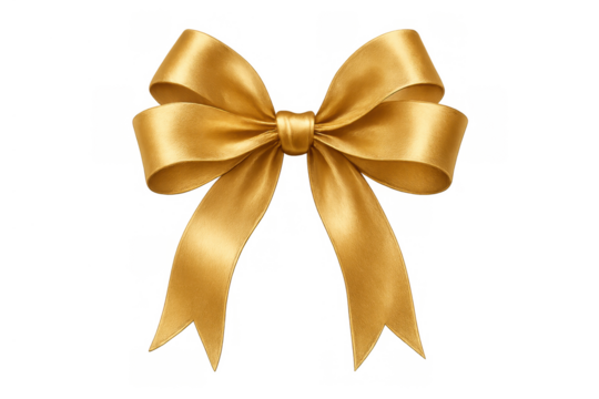 Gold satin bow for gift wrapping, celebrating holidays, birthdays, and special occasions, transparent background