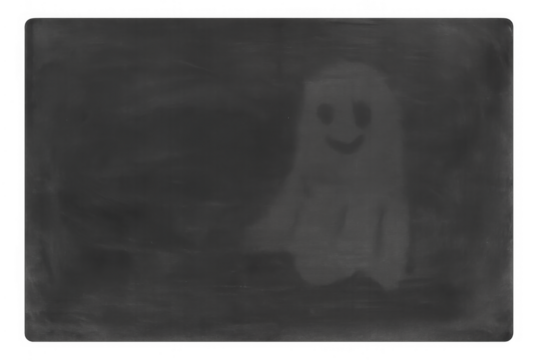 Friendly ghost drawing on dusty blackboard, transparent background, halloween concept for school or party decorations
