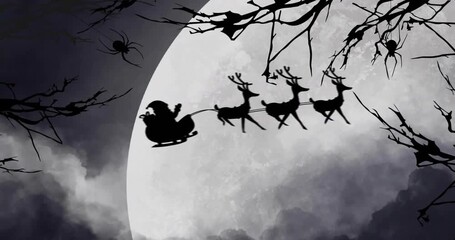 Low cloud parting, reindeer team emerging and galloping sleigh across moon to deliver gifts - Powered by Adobe