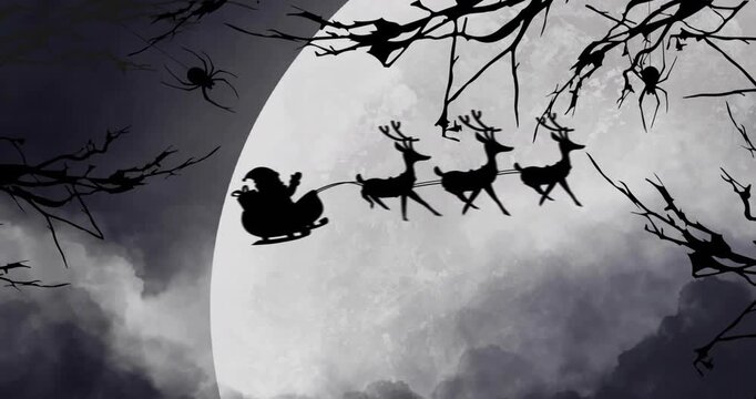 Low cloud parting, reindeer team emerging and galloping sleigh across moon to deliver gifts
