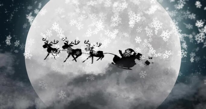 Entering from right edge sleigh with Santa and reindeer crossing moon, delivering gifts snow rising
