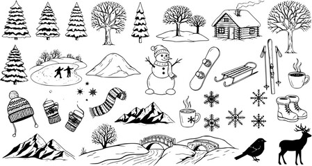 Hand-drawn winter season elements set with trees, snowman, cabin, mountains, ski equipment, hot drinks, snowflakes, animals, and cozy clothes in a black and white sketch style.