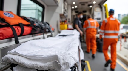 Emergency medical interior scene with ambulance equipment and crew movement