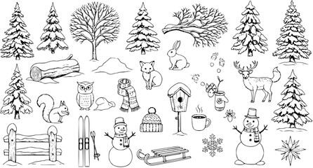 Winter Season Hand Drawn Doodle Set: Forest Trees, Cute Animals (Deer, Fox, Rabbit, Owl, Squirrel), Snowman, Sled, Skis, Hat, Scarf, and Hot Drink Elements