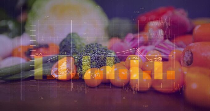 Data overlay fading in, animating over board, bars and lines pulsing, labels updating for food data
