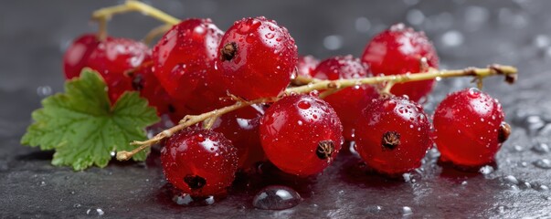 Fresh red currants with water drops on dark background for kitchen decor