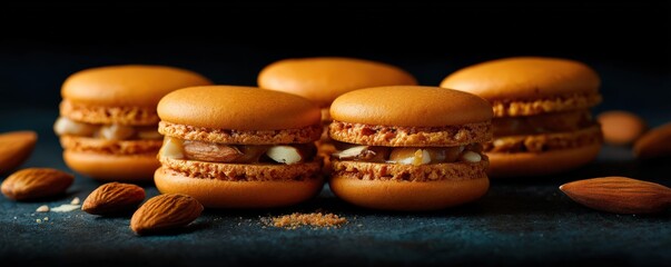 Tangy c-shaped macarons with caramel and almonds on dark background for dessert and baking inspirations