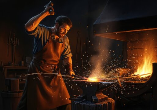 Strong craftsman hammers glowing metal on an anvil in a forge with bright sparks flying