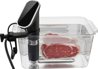 Precision temperature controlled cooking device submerges vacuum sealed raw beef steaks in a water bath