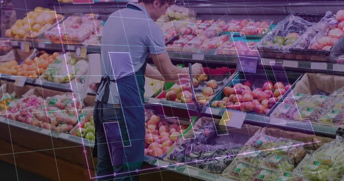 Produce clerk starting reaching into bin, restocking fruit, smoothing in grocery with grid overlay