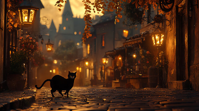 Fototapeta A black cat is walking down a cobblestone street