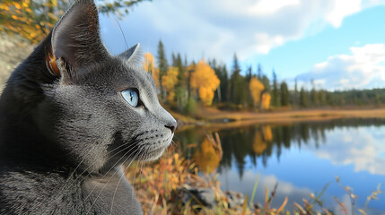 Obraz premium A cat is sitting on the grass by a lake