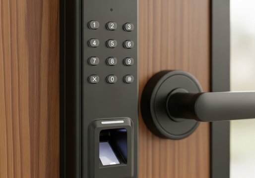 Modern electronic door lock mechanism featuring keypad and biometric scanner integrated into a wooden surface