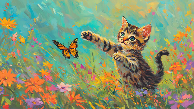 A cat is playing with a butterfly in a field of flowers