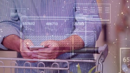 Senior man tapping smartphone and pushing cart, retail HUD animating prices and guiding choices - Powered by Adobe