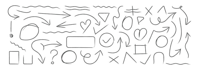 Hand line marker sketch icon set. Hand drawn marker brush stroke  Doodle sketch style arrow, Hearts, checkmarks highlight frame vector elements. Vector illustration