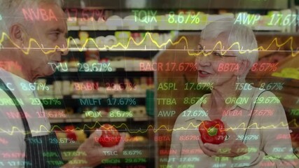 Store clerk holding pepper, shopper inspecting hers in produce, stock tickers sparking price talk - Powered by Adobe