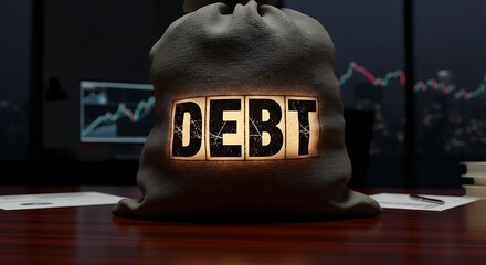 bag of debt with financial chart background, economic burden concept.