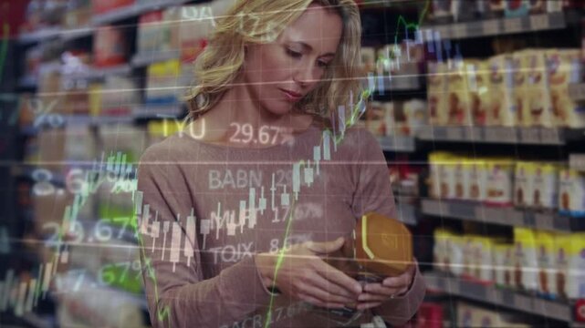 Woman picking jar and reading label, market charts overlaying aisle and crossing her guiding buy