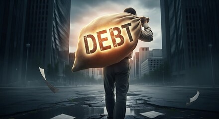 man carrying a heavy sack symbolizing debt in the city.