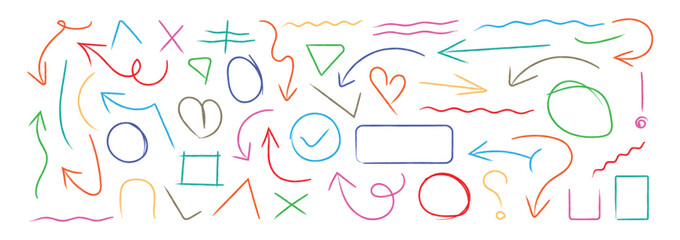 Colorful Hand line marker sketch icon set. Hand drawn marker brush stroke  Doodle sketch style arrow, Hearts, checkmarks highlight frame vector elements. Vector illustration