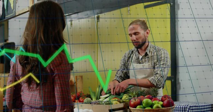 Woman gesturing, seller selecting and handing leeks to buy, clear grid and market graphs sweeping