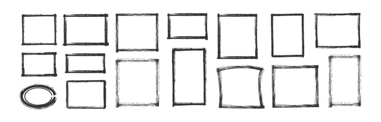 Set of Hand drawn border frame. Geometric shape frame set, Doodle bold brush pencil box, chalk texture square border cartoon paint frame circle, square background design. Vector illustration